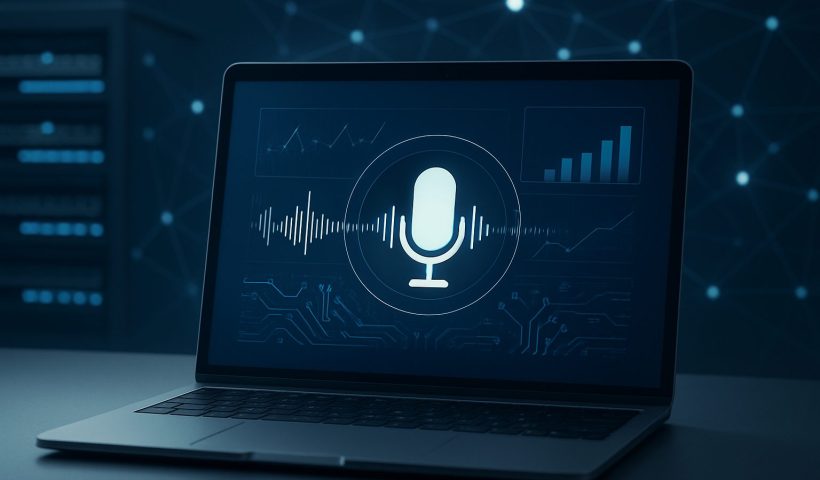 Laptop displaying a microphone icon with sound waves and data graphs in a tech setting
