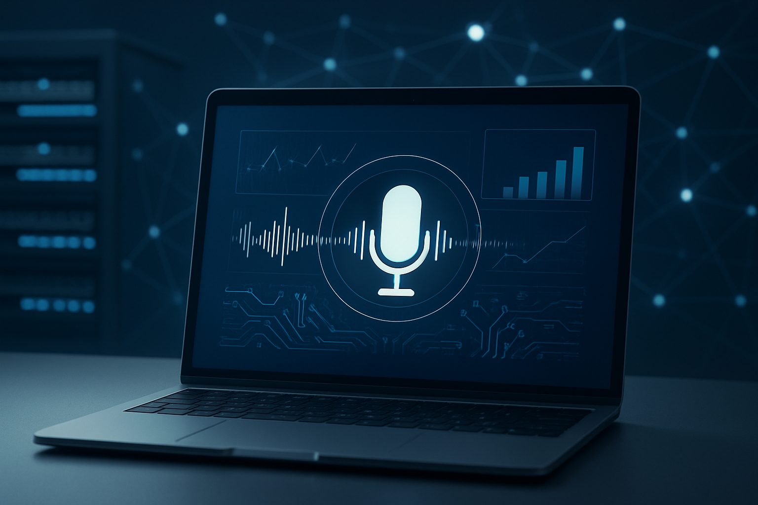 Laptop displaying a microphone icon with sound waves and data graphs in a tech setting
