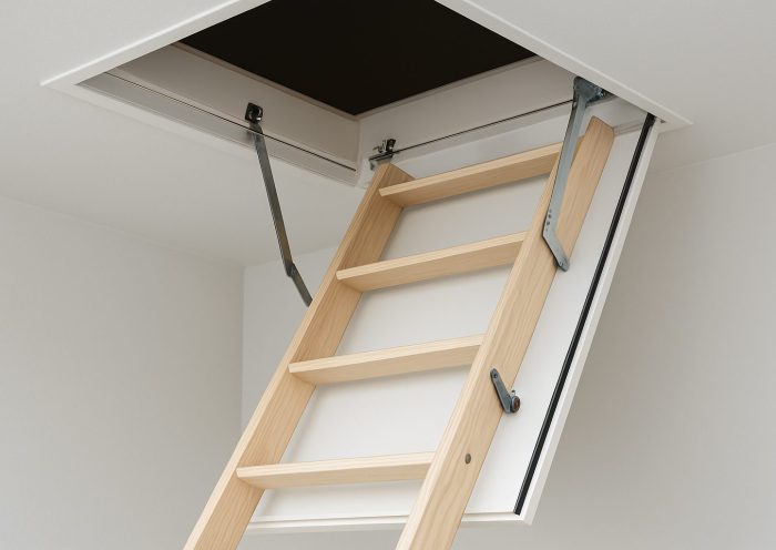 Wooden loft ladder extending from a ceiling opening