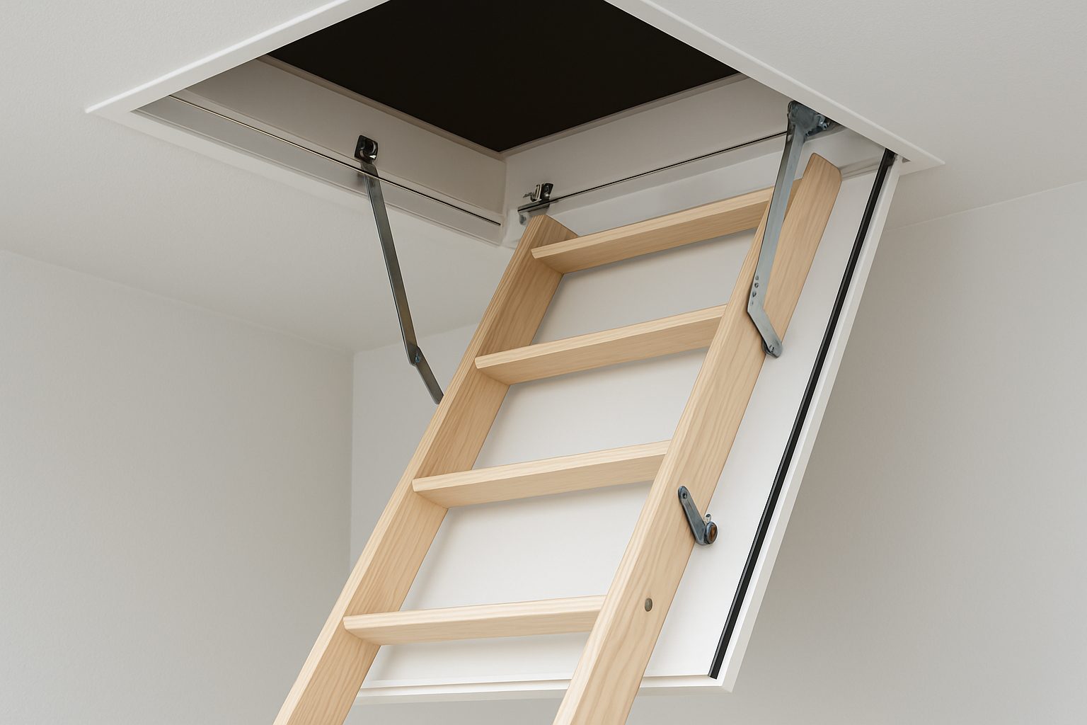Wooden loft ladder extending from a ceiling opening